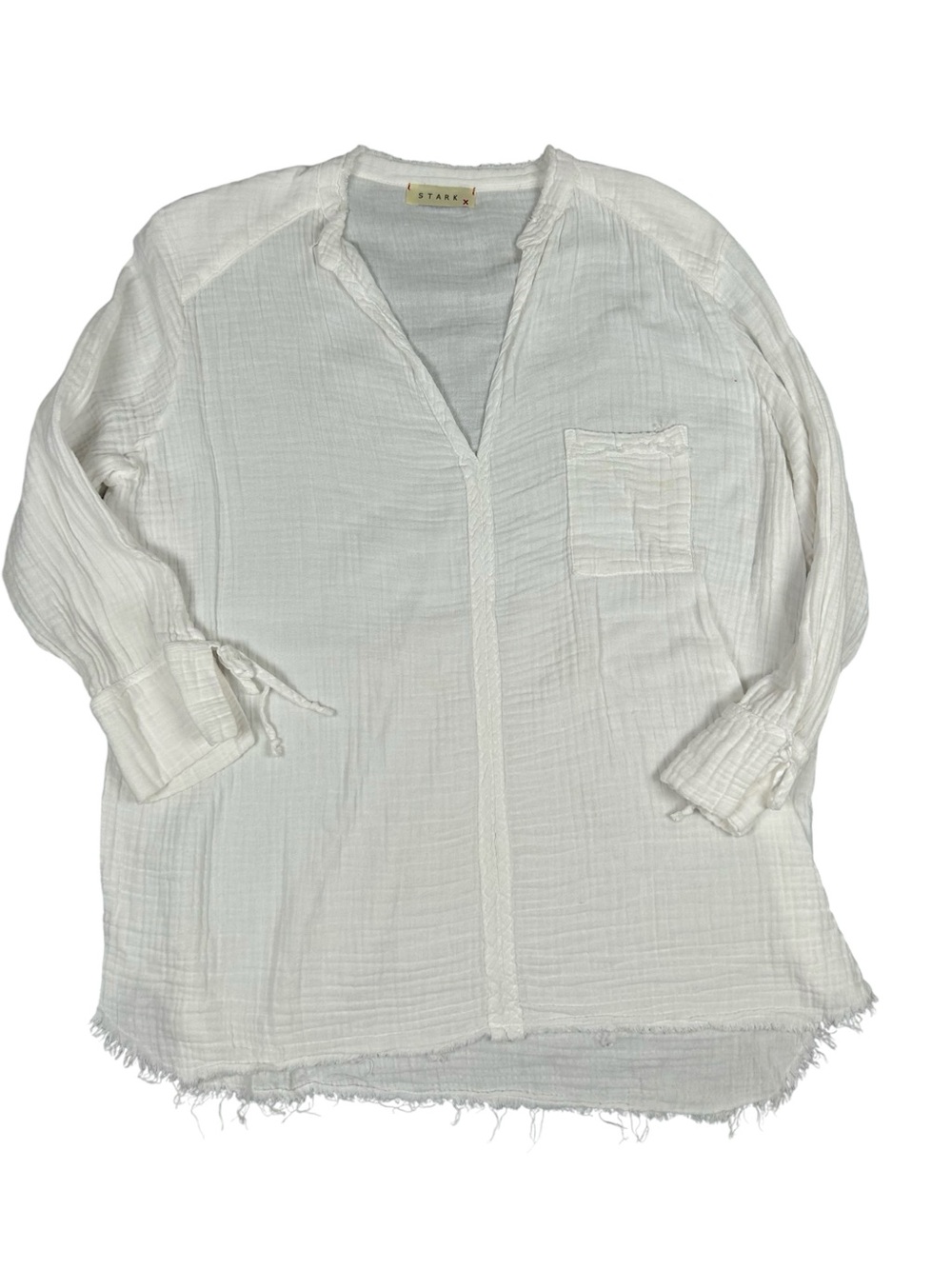 Stark X White Cotton Gauze Top Made in USA Raw Hem Relaxed Boho Blouse Large